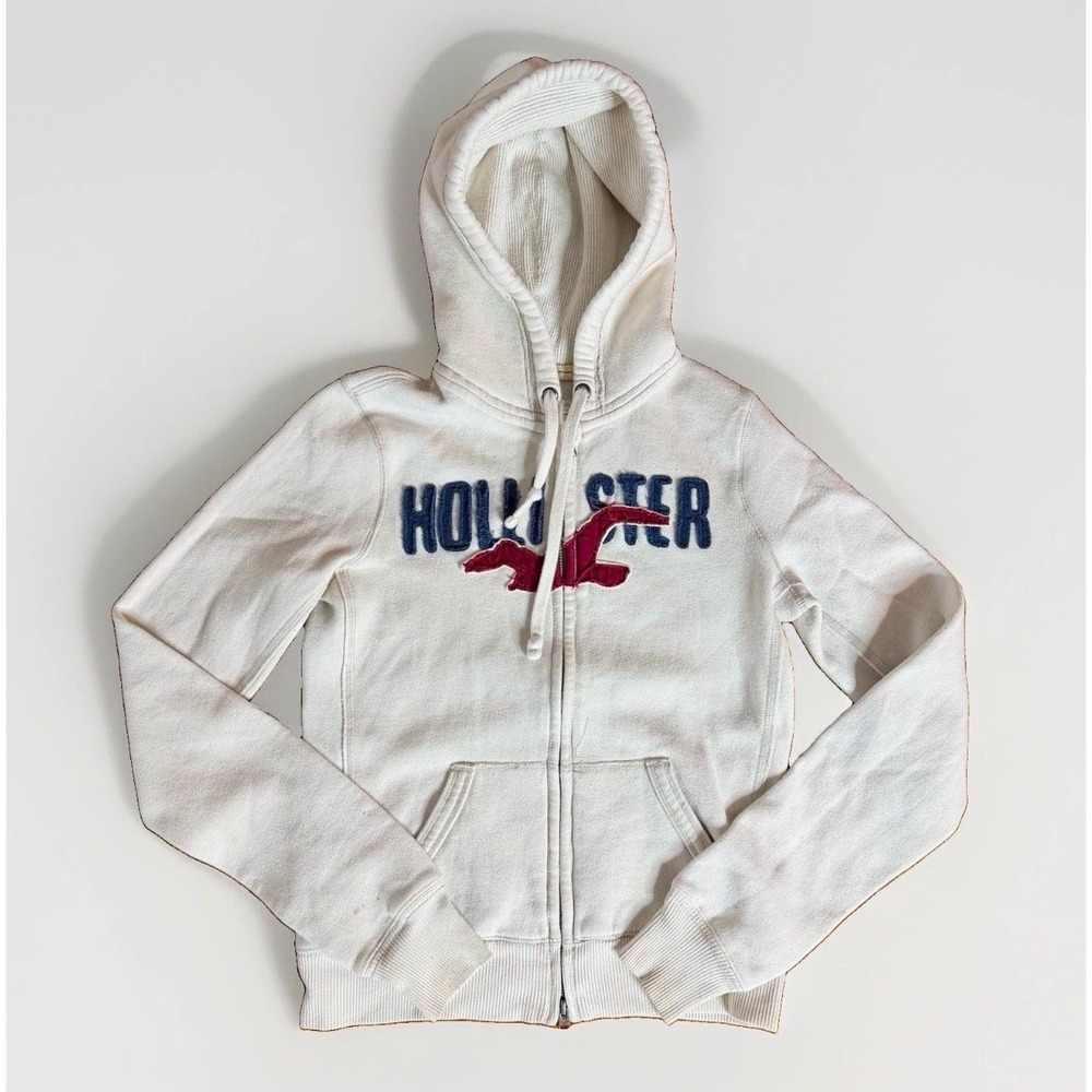 Hollister Women's Full Zip Vintage Hoodie Logo Graphic White, M, Y2K